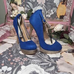 Blue velvet platform heels with